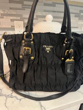 Prada Black Ruched Nylon Shoulder Bag with Gold Hardware